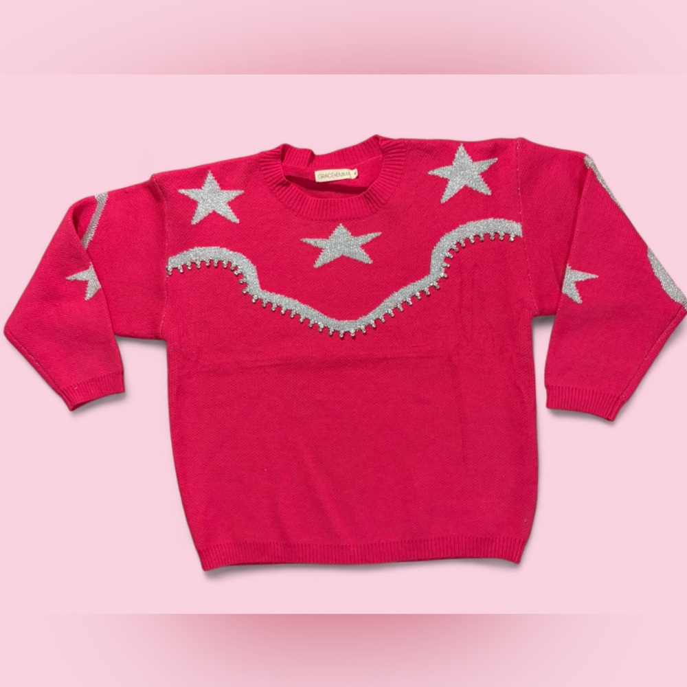 Pink Rhinestone Star Sweater XL | Western Sparkle Cozy Knit Pullover Holiday